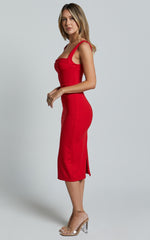 Tiffy Midi Dress - Square Neck Ruched Bodycon Dress in Scarlet