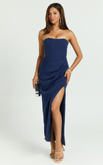 Avery Midi Dress - Strapless Draped Side Split Dress in Navy