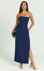 Avery Midi Dress - Strapless Draped Side Split Dress in Navy