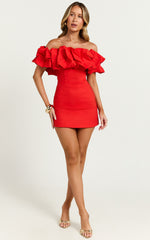 Coraline Mini Dress - Ruffle Off Shoulder Fitted Dress in Red