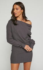 Fermina Mini Dress - Long Sleeve Bodycon Dress in Charcoal Rib