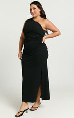 Rae Midi Dress - Ribbed One Shoulder Ruched Dress in Black
