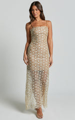 Ruth Midi Dress - Strappy Straight Neck Slip Dress in Natural