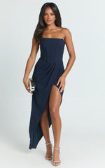 Daniella Maxi Dress - Strapless Corset Draped Asymmetrical Dress in Navy