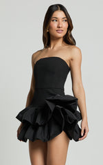 Beatrice Mini Dress - Contrast Strapless Ruffle Tiered Dress in Black