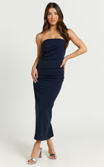 Calanthe Midi Dress - Strapless Tuck Detail Dress in Navy