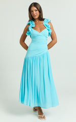 Memie Midi Dress - Drop Waist Ruffle Sleeve Dress in Blue