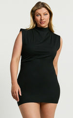 Carleigh Mini Dress - High Neck Ruched Bodycon Dress in Black