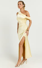 Rowena Midi Dress - One Shoulder Satin Dress in Lemon