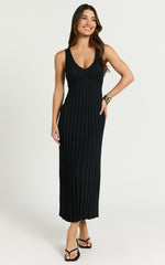 Maya Midi Knit Dress - Sleeveless V Neck Knited Dress in Black