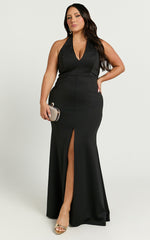 Moana Maxi Dress - Halter Plunge Front Split Dress in Black