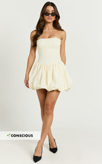 Harley Mini Dress - Strapless Drop Waist Bubble Hem Contrast Dress in Cream