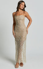 Ruth Midi Dress - Strappy Straight Neck Slip Dress in Natural