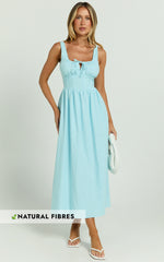 Haylee Midi Dress - Corset Waist Gathered Bust Dress in Blue