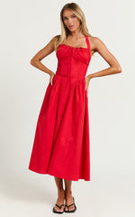 Marikris Midi Dress - Ruched Bust Halter Neck Dress in Red