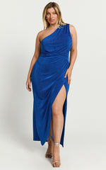 Cristle Midi Dress - One Shoulder Side Cut Out Thigh Split Dress in Cobalt