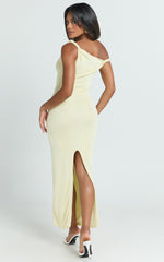 Isabel Midi Dress - Twist Off Shoulder Bodycon Dress in Lemon