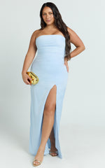 Camila Maxi Dress - Corset Panel Drape Matte Satin Dress in Blue