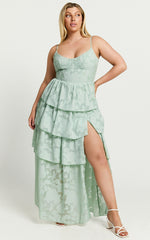 Janezkie Maxi Dress - Femme Tiered Jacquard Formal Dress in Mint
