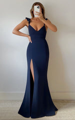 More Than This Maxi Dress - Ruffle Strap Thigh Split Dress in Navy