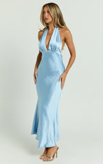 Aiyana Midi Dress - Halter Neck Satin Dress in Blue