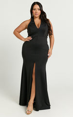 Moana Maxi Dress - Halter Plunge Front Split Dress in Black