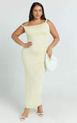 Isabel Midi Dress - Twist Off Shoulder Bodycon Dress in Lemon