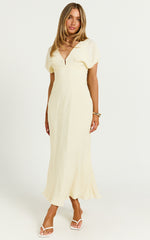 Desiree Midi Dress - V Neck Flutter Short Sleeve Slip Dress in Lemon