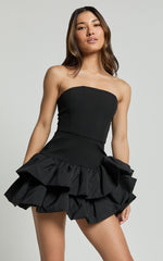 Beatrice Mini Dress - Contrast Strapless Ruffle Tiered Dress in Black
