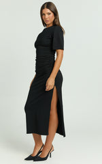 Lizzy Midi Dress - Jersey Ruched Side Split Dress in Black