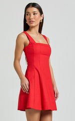 Adiana Mini Dress - Linen Square Neck Shirred Back A Line Dress in Red