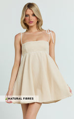 Jazmin Mini Linen Dress - Tie Shoulder Fit And Flare Dress in Oatmeal