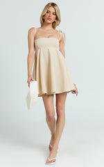 Jazmin Mini Linen Dress - Tie Shoulder Fit And Flare Dress in Oatmeal