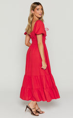 Claritza Midi Dress - Linen Look Short Puff Sleeve Square Neck Tiered Dress in Red