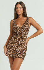 Amalea Mini Dress - Wide Strap Ruched Bust Dress in Animal