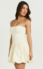 Harley Mini Dress - Strapless Drop Waist Bubble Hem Contrast Dress in Cream