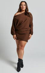 Fermina Mini Dress - Long Sleeve Bodycon Dress in Chocolate