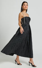 Alvia Midi Dress - Diamante Strap Ruched Straight Neck Dress in Black