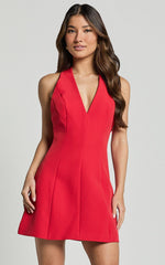 Yelena Mini Dress - Halter Neck Bow Detail Mini Dress in Red
