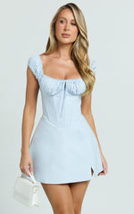 Charlotte Mini Dress - Cap Sleeve Fit And Flare Dress in Blue