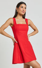 Adiana Mini Dress - Linen Square Neck Shirred Back A Line Dress in Red