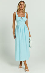 Haylee Midi Dress - Corset Waist Gathered Bust Dress in Blue