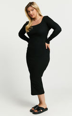 Lucy Midi Dress - Ribbed Side Ruched Bodycon Dress in Black
