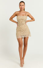 Ivy Mini Dress - Strappy Straight Neck Lace Detail Dress in Natural