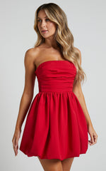 Shaima Mini Dress - Strapless Bubble Hem Dress in Red