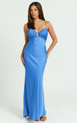 Regine Maxi Dress - Satin Slip Dress with Key Hole Front in Blue