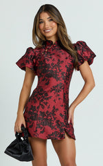 Mackay Mini Dress - Jacquard High Neck Puff Sleeve Dress in Red