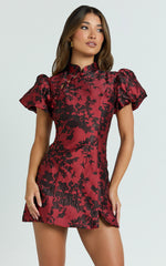 Mackay Mini Dress - Jacquard High Neck Puff Sleeve Dress in Red