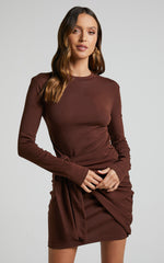 Marleen Mini Dress - Wrap Front Long Sleeve Bodycon Dress in Dark Oak
