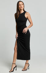 Alona Midi Dress - Sleeveless Bodycon Thigh Split Dress in Black